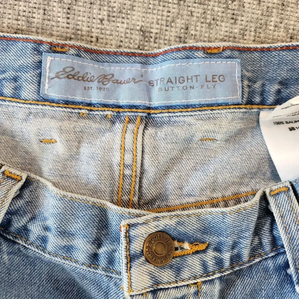 Vintage Eddie Bauer Button Fly Jeans Size 14 Tall Straight Leg Light Wash Denim